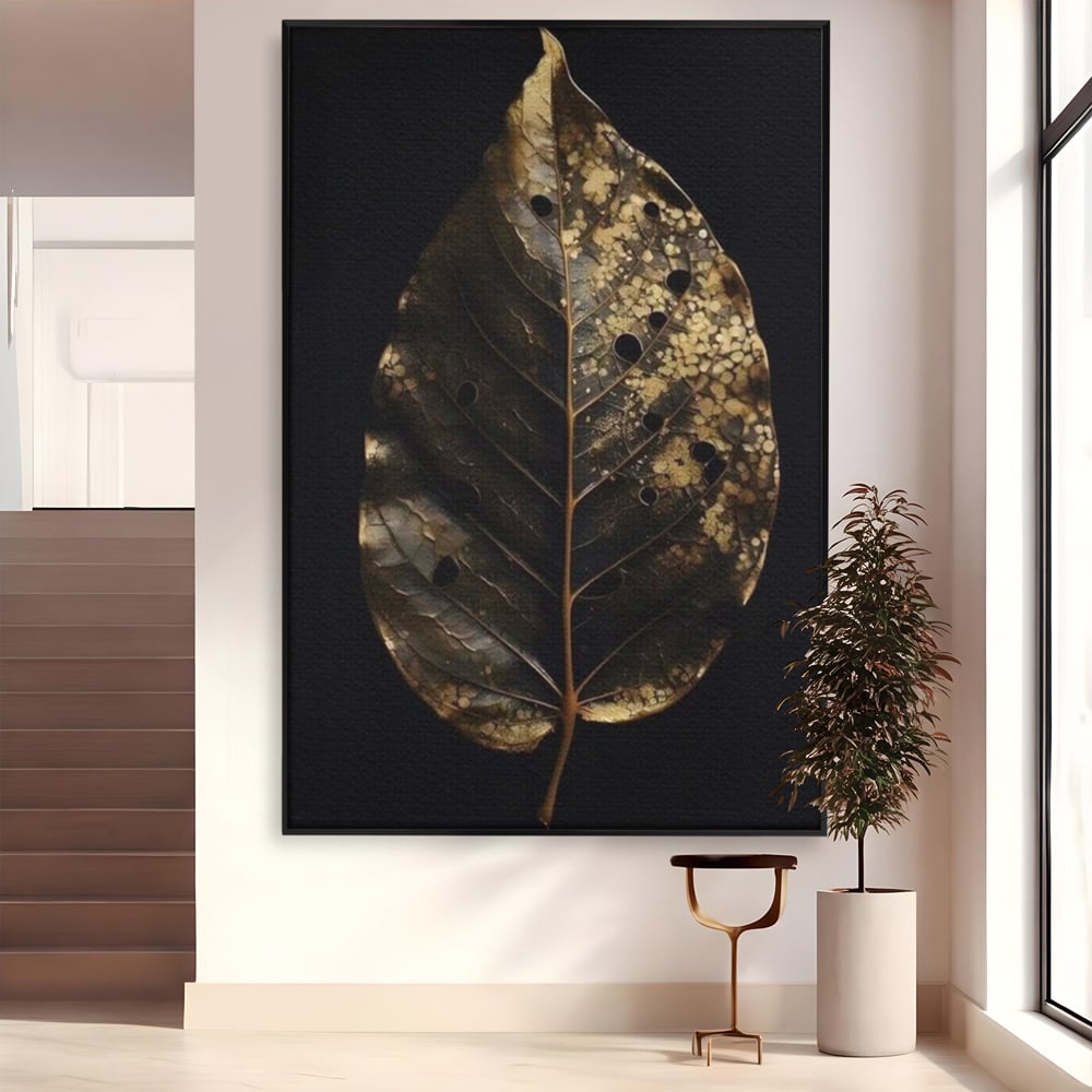 Tablou canvas cu tablou canvas cu frunza uscata, in rama de aluminiu negru